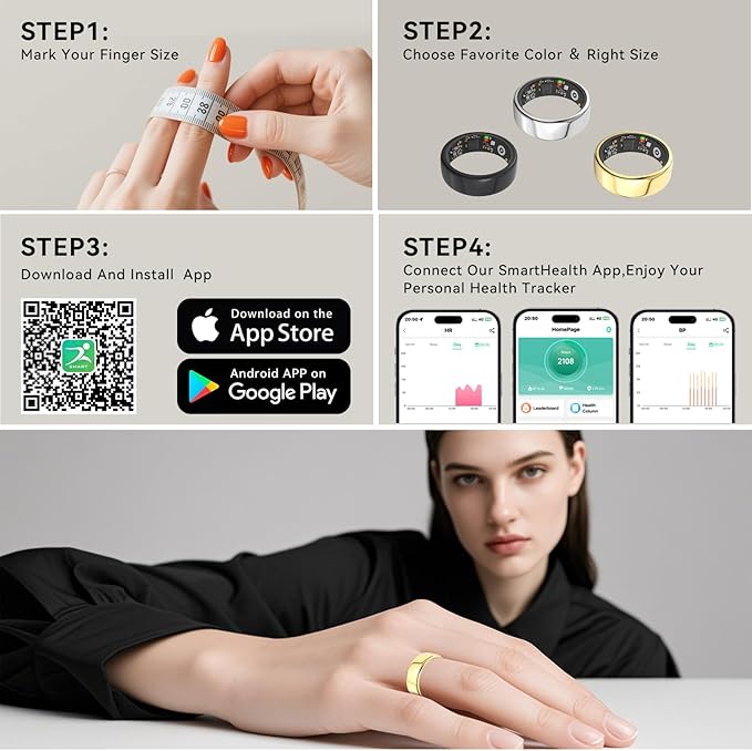 Smart Rings for Women Men,Fitness Tracker Ring,Heart Rate,Blood Oxygen,Blood Pressure,Step Tracker,Sleep Monitoring,No Subscription Fee,IP68 Waterproof Smart Ring for iPhone&Android(Gold 8)