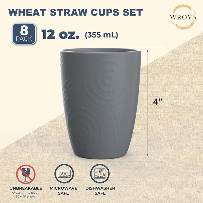 Wrova Wheat Straw Cups 8 PCS Good Alternative to Plastic Reusable Cups 12 oz Unbreakable Drinking Cup Reusable Dishwasher Safe Water Plastic Glasses Grey