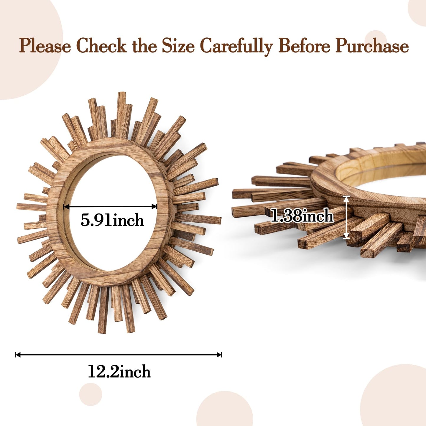 amoard 12 Inch Boho Sunburst Mirror, Round Wooden Wall Decor Starburst Sun Mirror for Bedroom, Living Room, Bathroom, Hallway, Balcony, Farmhouse Entryway, Housewarming Gift