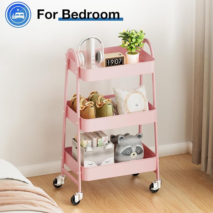 OLIXIS Metal Utility Cart, Mobile Rolling Storage Shelf with Lockable Caster Wheels, Organization for Livingroom, Bathroom & Narrow Places, 3 Tiers Pink
