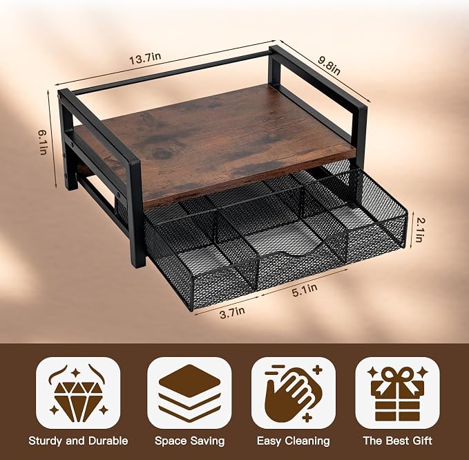 Tea Bag Organizer Holder, Wood Tea Box Organizer with 6 Compartments Storage Drawer, Rustic Brown Tea Station Chest, Countertop Display Storage Container Box for Kitchen Tea Station Chest
