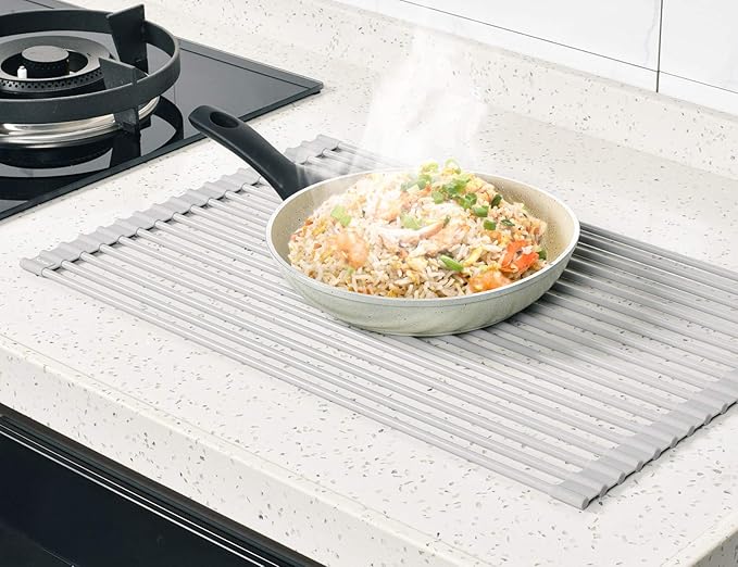 Surpahs 20.5 x 13.1 Inch Roll-Up Dish Drying Rack, Fits Across Sink Openings up to 19.5 Inches, Heavy-Duty Premium Silicone, Strong Support, Non-Slip, Heat-Resistant, Warm Gray