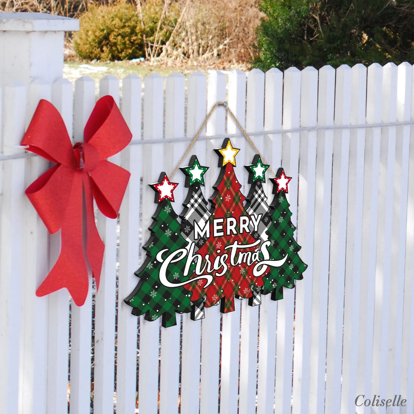 Wooden Merry Christmas Door Sign,Christmas Tree Door Wreath for Front Sign Wall Signs,Decoration Farmhouse Hanging Plaque,Hanging for Home Wall Decor Party(Red)