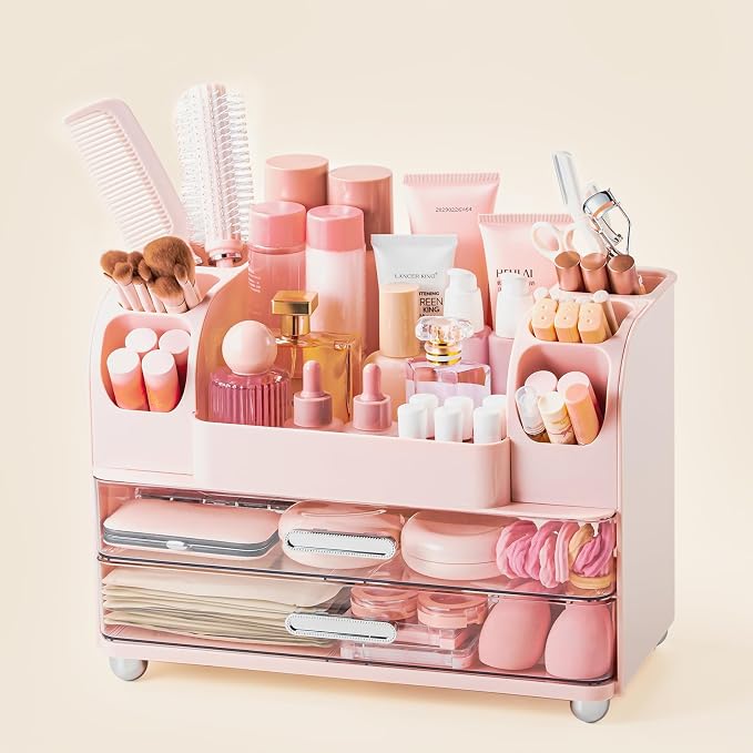 Makeup Organizer with Brush Holder, Makeup Organizer Countertop with 2 Drawers, Make up Organizers for Vanity, Vanity Organizer, Makeup Storage For Skin Cares,Makeup Brushes,Lipsticks,Perfumes(Pink)