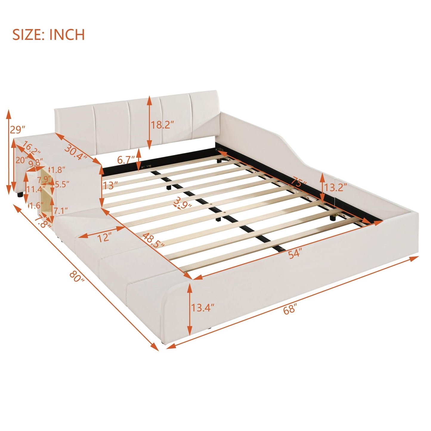 Merax Full Size Velvet Bed Frames Upholstered Grounded Bed, Wooden Mother & Child Bed with Bedside Desk and Little Round Stool,Kids Adults Bedroom Floor Platform Bed,Beige