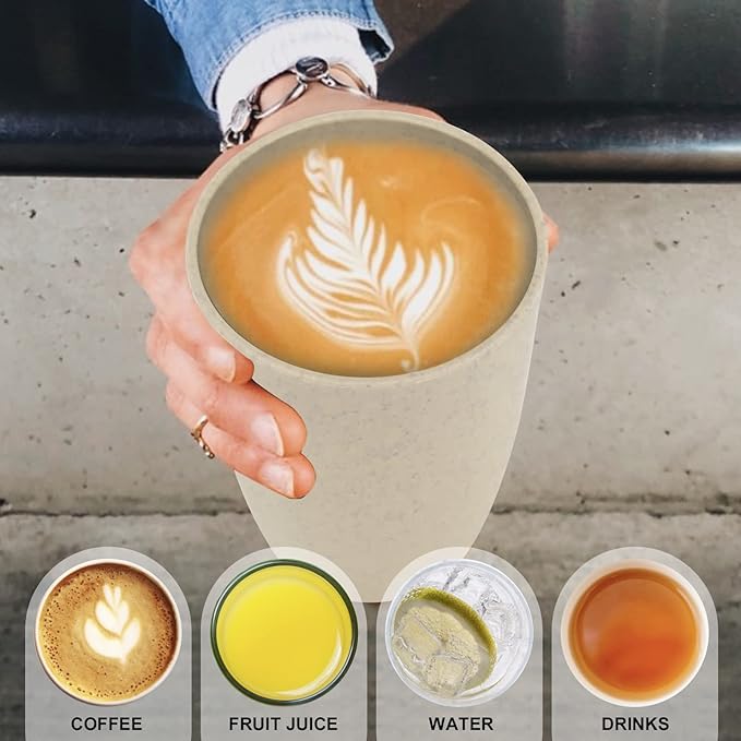 Wrova Wheat Straw Cups 6 PCS Good Alternative to Plastic Reusable Cups 12 oz Unbreakable Drinking Cup Reusable Dishwasher Safe Water Plastic Glasses Beige