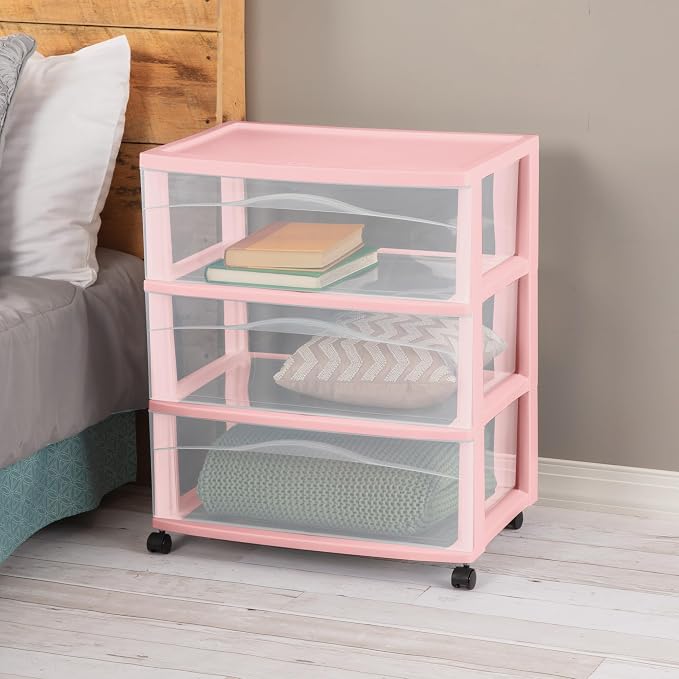 Sterilite 4 Pack Wide 3 Drawer Storage Cart, Rolling Organization, Pink | Clear Plastic Organizer Drawers with Wheels for Craft Supplies, Bath Essentials, or Home Accessories