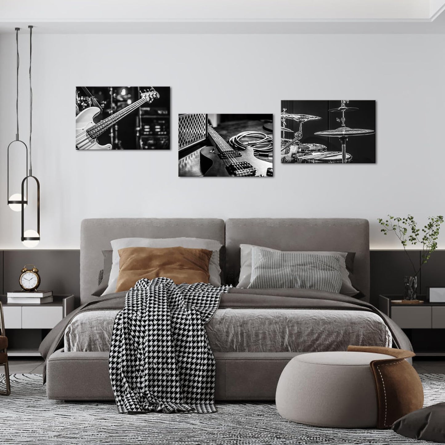 OuElegent Music Instrument Canvas Wall Art Rock and Roll Band Painting Black and White Guitar Drums Picture Prints Artwork for Home Decor 16"x24"x3 Pcs