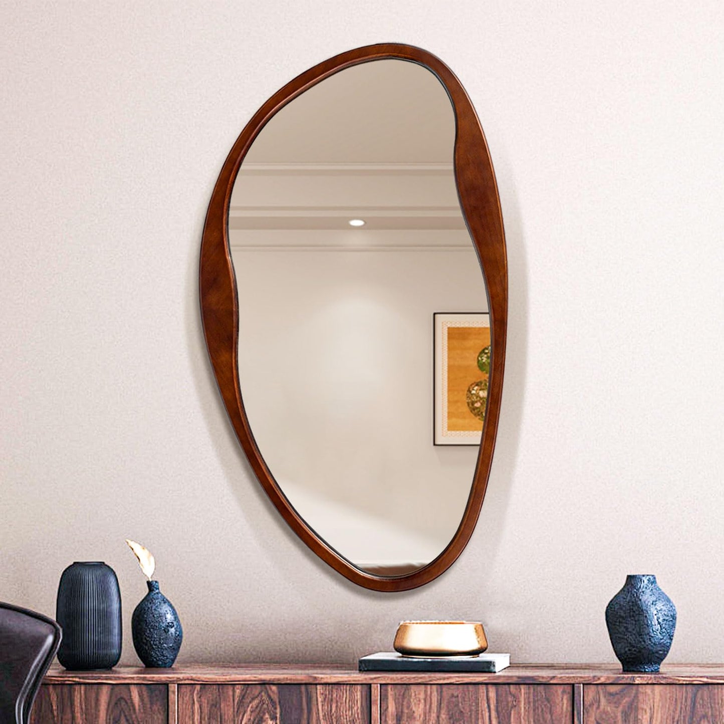 Fitous Asymmetrical Wood Mirror, Irregular Wall Mirror, Walnut Wooded Framed Wave Mirrors for Bathroom, Bedroom, Living Room, Entryway, Farmhouse Mid Century Modern Mirrors(36" H x 20" W)