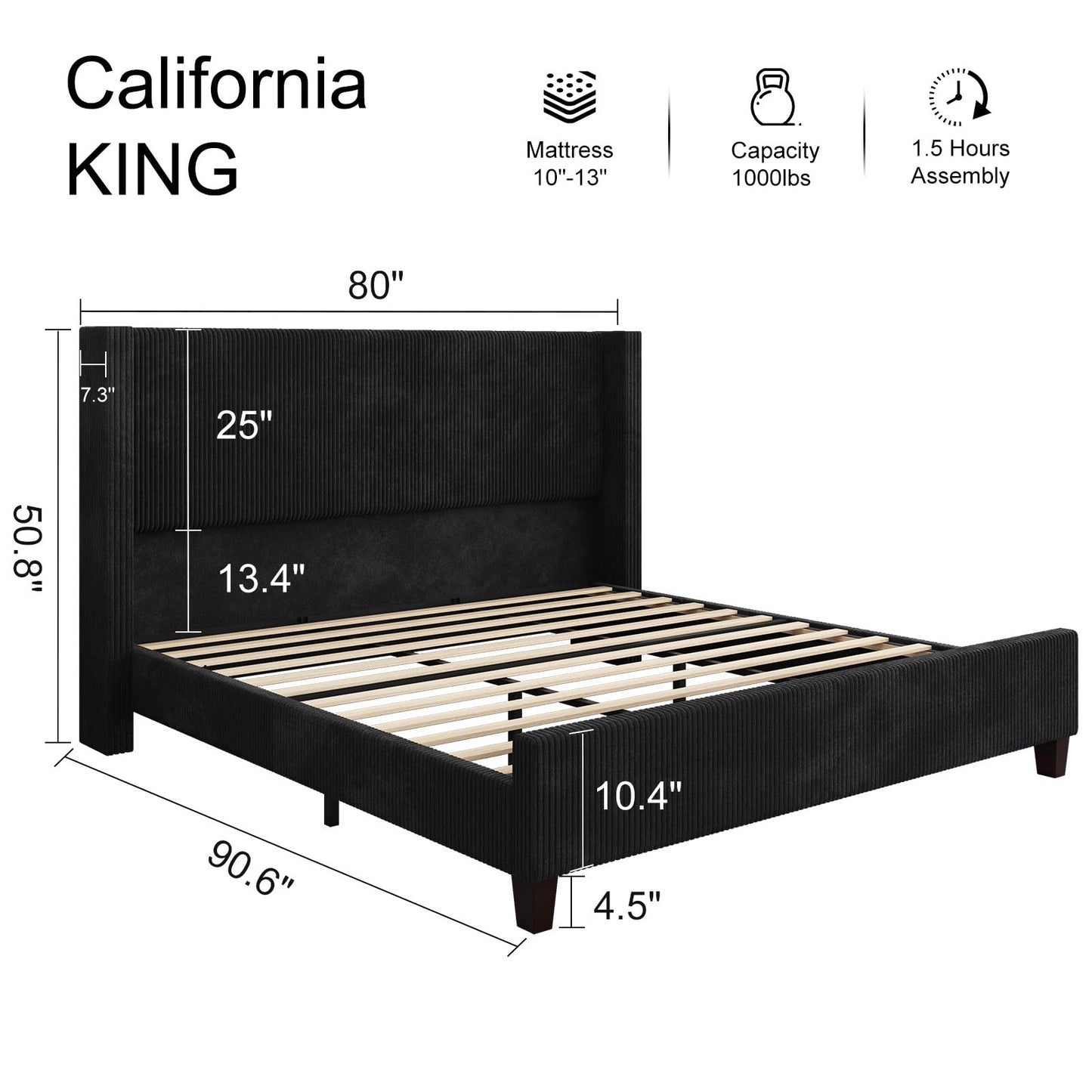 HOWE California King Bed Frame with 50.8" Tall Wingback Headboard, Modern Corduroy Upholstered Platform Bed Frame with Solid Wood Slats & Legs, No Box Spring Needed, Noise-Reducing Design, Black