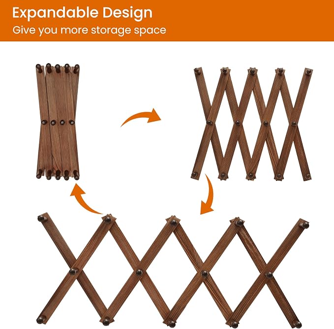 Homode Accordion Wall Hanger, Hat Rack for Wall, Wood Expandable Coat Rack, Vintage Accordian Peg Hooks Purse Organizer for Hanging Baseball Caps, Coffee Mug, Hats, Clothes, Backpack, Towel