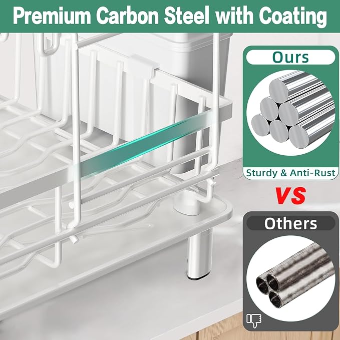 Dish Drying Rack, 2 Tier Dish Racks for Kitchen Counter, Compact Dish Drainer Rack, Detachable Dish Rack with Drainboard, Utensil Holder, Cup Holder for Small Space - White