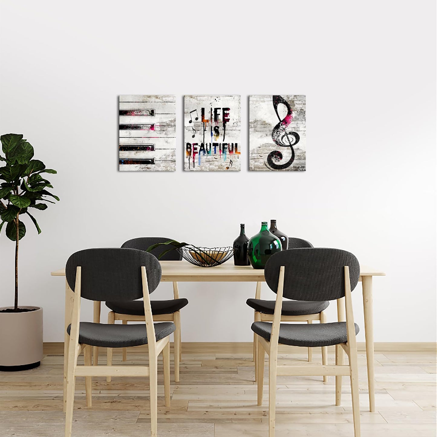 iHAPPYWALL 3 Pieces Music Canvas Wall Art Piano Keys with Musical Note Picture Painting Life is Beautiful Quote Canvas Prints Framed Home Decor