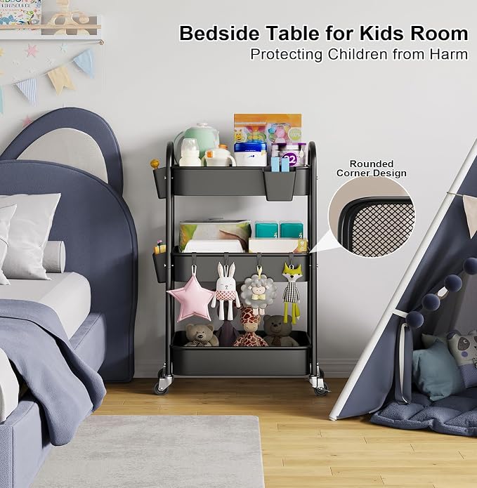 3 Tier Rolling Cart Metal with Wheels, Heavy Duty Three Tiered Rolling Storage Cart on Wheels, Black Utility Roller Carts Organizer for Baby, Art, Craft, Snack,Book, Nail, Diaper Caddy, Cleaning, Dorm