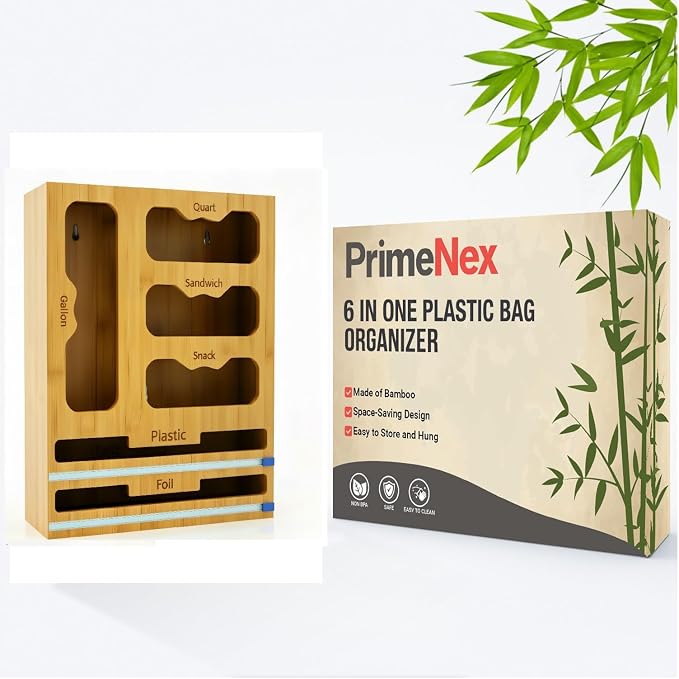 Storage Bag organizer, 6 in 1 Foil and Plastic Wrap Dispenser with Cutter, Bamboo Kitchen Drawer Organizer Food Bag Organizer for Gallon, Quart, Sandwich, Snack Bags (Natural)