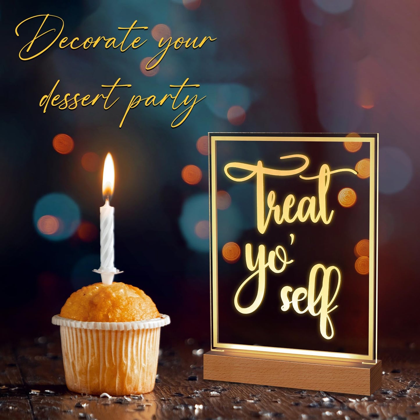 Hoolerry LED Acrylic Bar Table Sign 8" x 10" Neon Acrylic Table Centerpiece, Snack Candy Bar Centerpiece with Stand White Text for Dessert Flower Room Decor (Treat Yoself)