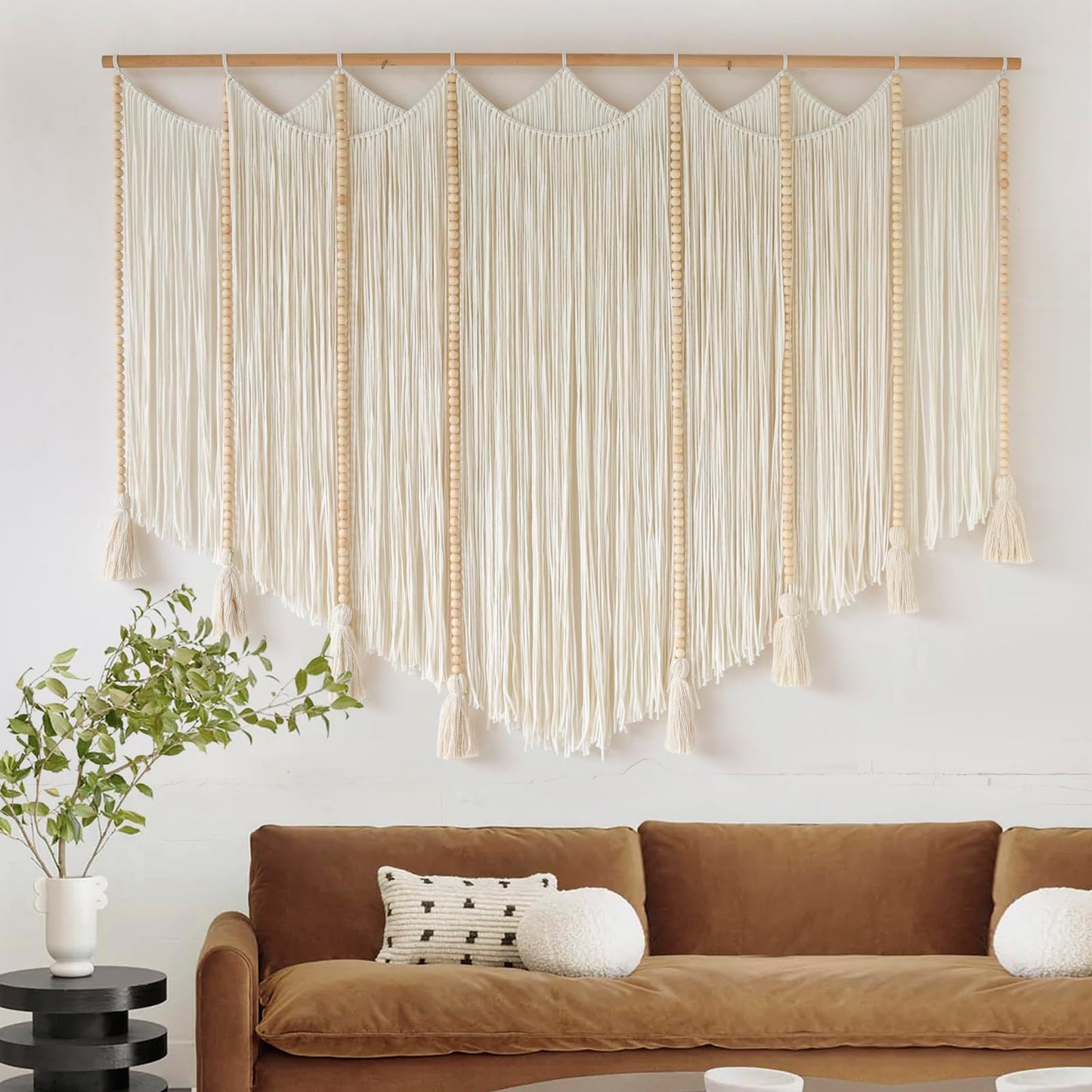 Jakalin Macrame Wall Hanging White Beads Boho Wall Decor for Living Room Bedroom or Nursery Texture Yarn Wall Art 57" W × 43" L