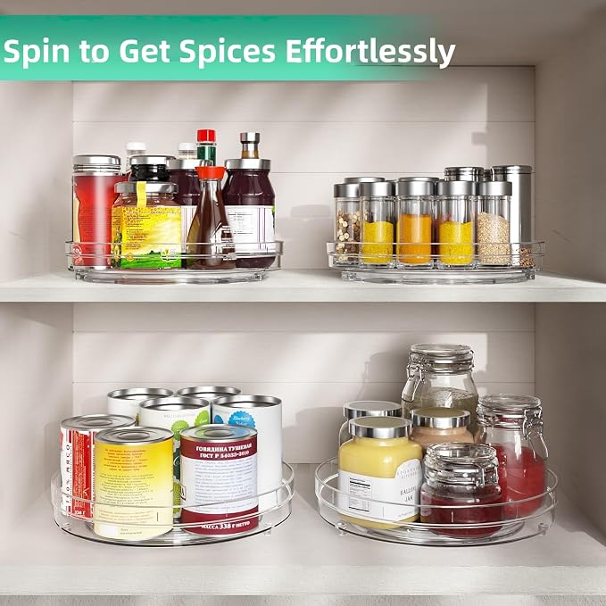 Optish 2 Pack Lazy Susan Organizer, 9.5" 10.7" Lazy Susan Turntable for Cabinet, Spice Organization for Cabinet, Refrigerator, Pantry, Closet, Countertop, Non-Skid Turntable Organizer, Clear