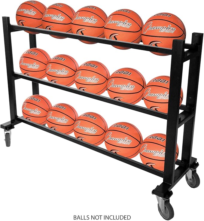 Champion Sports Deluxe Heavy Duty Basketball Storage Cart with Locking Swivel Caster Wheels (Black)