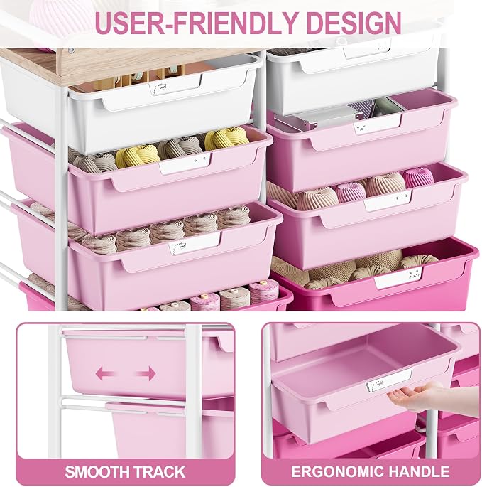 10 Drawers Rolling Cart with Wooden Tabletop, Utility Storage Cart with Wheels, Art Supply Craft Organizer on Wheel with Metal Frame & Handles for Home Office School,Pink