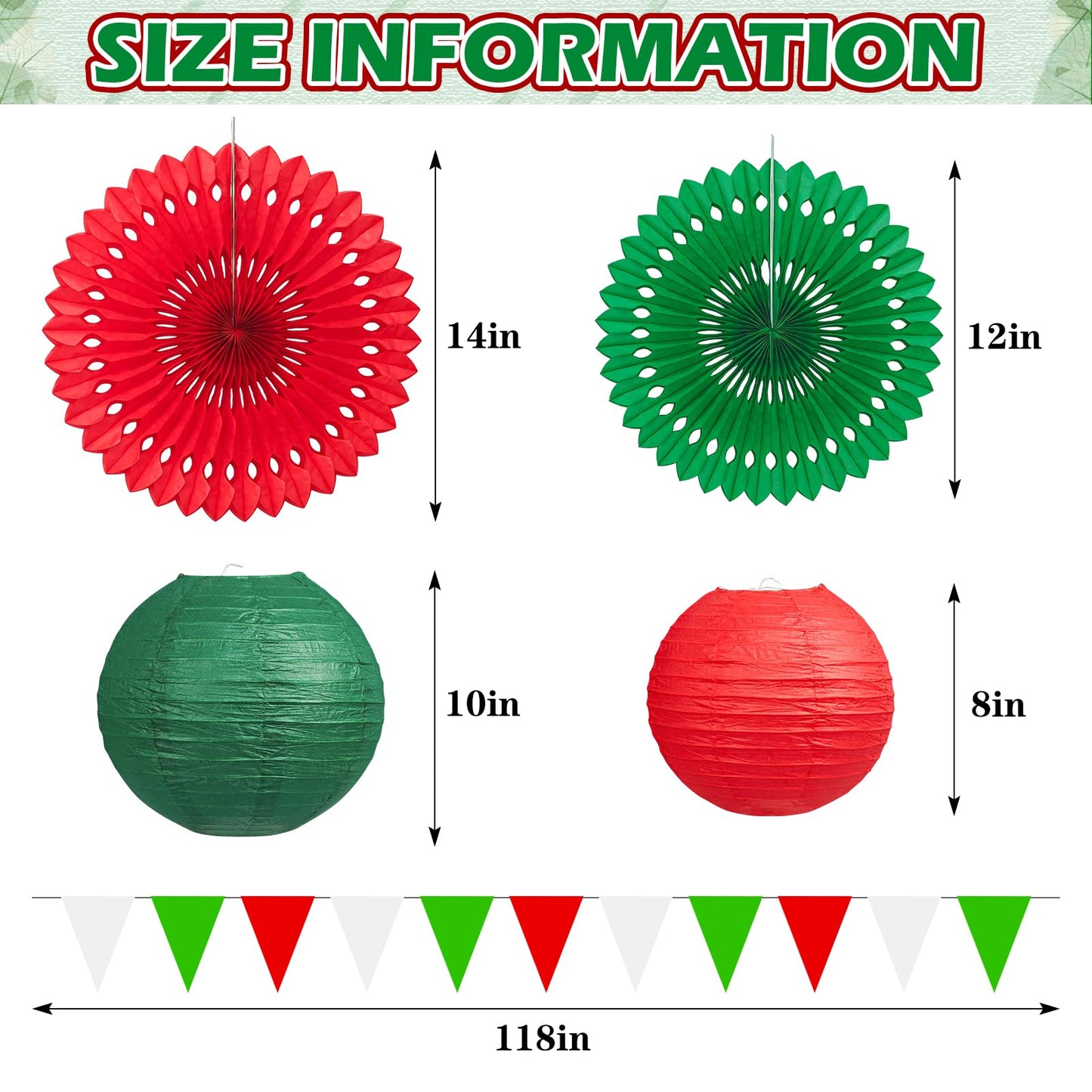13 Pcs Red White Green Italian Party Decorations Set, Hanging Paper Lanterns & Fans, Mexican Fiesta Decor, Christmas Holiday Supplies, Reusable Eco-Friendly Party Backdrop Kit