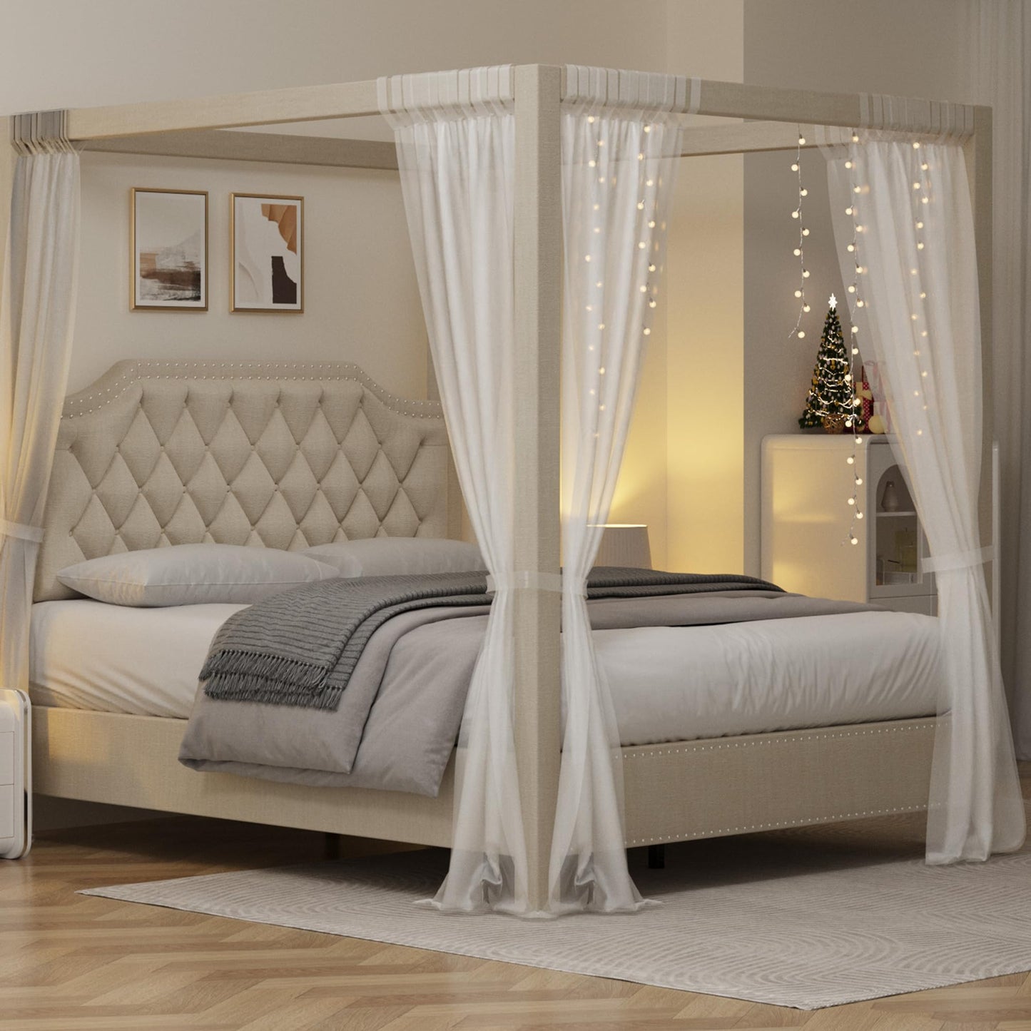GAOMON Queen Canopy Bed Frame with Upholstered Headboard, Four Poster Design, Button Tufted, and Slide Rail, No Box Spring Required, Wooden Slatted Structure, Beige