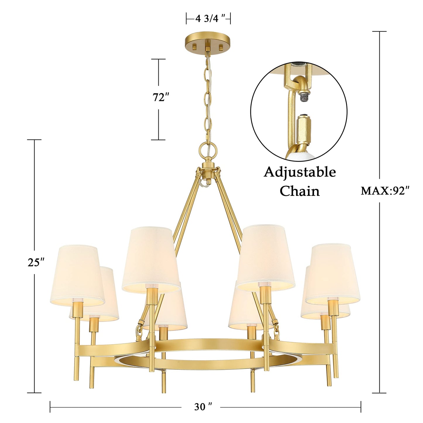 Untrammelife 8 Lights Gold Wagon Wheel Drum Chandelier, 30" Large Round Pendant Lighting Fixture with White Shade for Dining Room Living Room Bedroom Kitchen Island