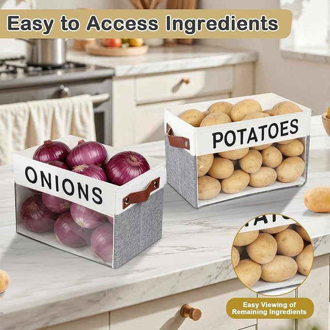 2 Pack Onion and Potato Storage Bins,Portable Vegetable Storage Basket with Handles,Large Kitchen Storage Container for Onion, Potato, Fruit, Vegetables,Countertop Kitchen Organization Container