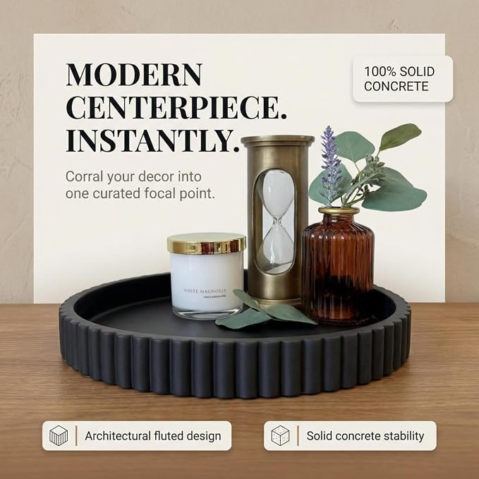 OAKOA Concrete Black Tray for Coffee Table - Round Black Decorative Tray for Table Decor - Bandejas Decorativas para La Sala - Coffee Table Centerpiece