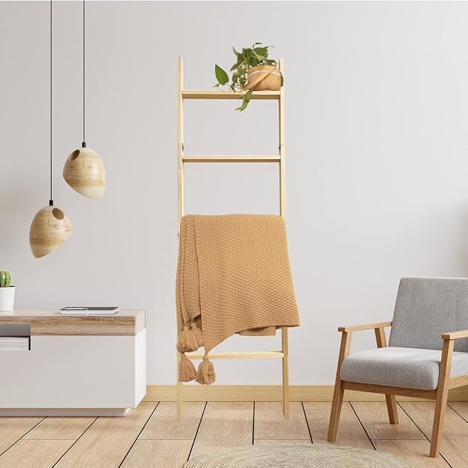 5-Tier Blanket Ladder – 4.8 Ft Wall Leaning Quilt Rack, Farmhouse Blanket Storage for Living Room, Bedroom & Bathroom – Rustic Decorative Wooden Towel & Quilt Holder, Easy to Assemble