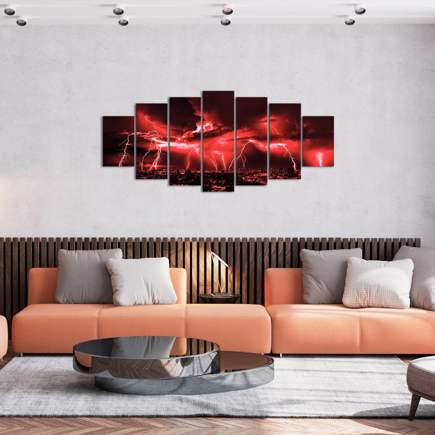 Biuteawal Large 7 Piece Black and Red Wall Art Lightning Strikes Cityscape Night Pictures Canvas Print Nature Storm City Skyline Painting Artwork for Home Living Room Decoration