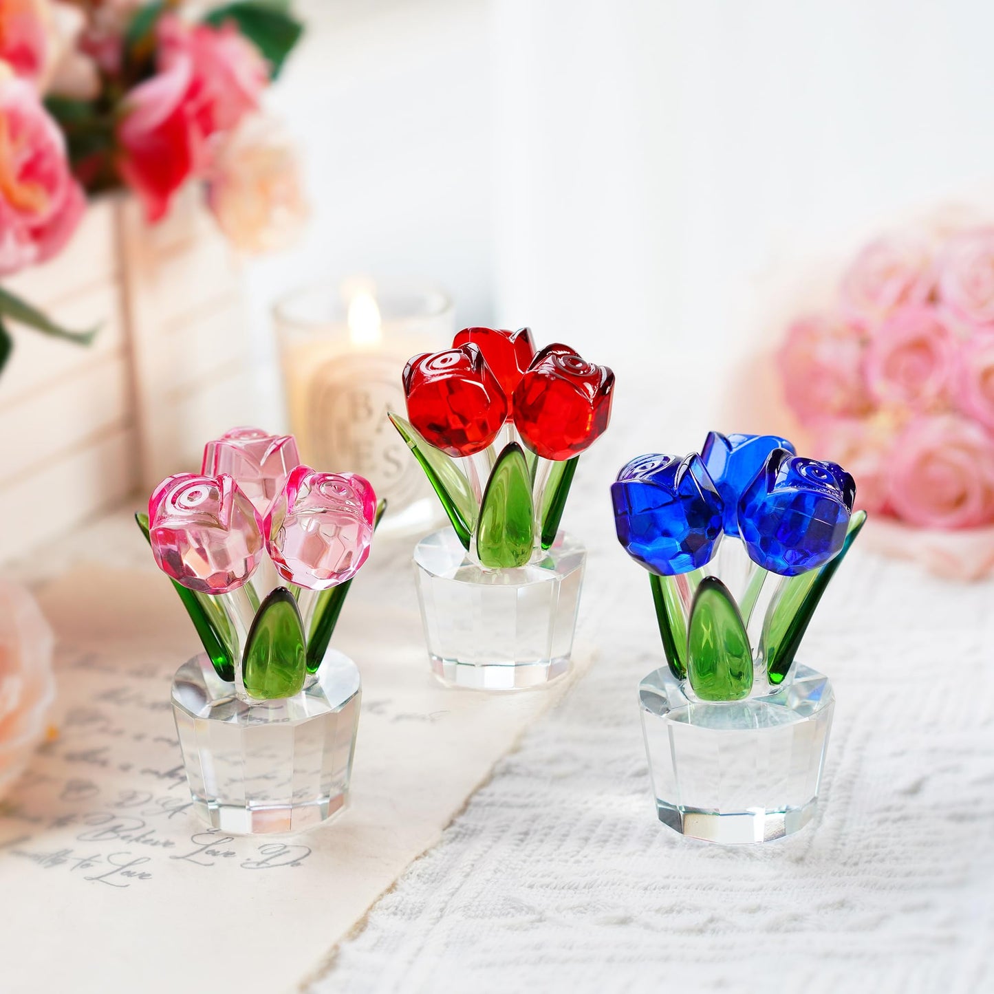 KRISININE 3.2 * 2in Crystal Pink Rose Flower Figurine Romantic Gifts for Wife Girlfriend Mom on Birthday Wedding Home Decorations