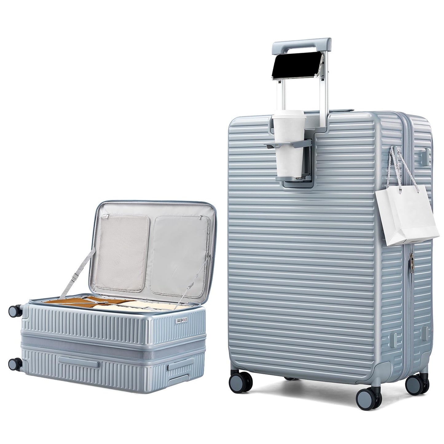 HanTrip Hard Shell Suitcases 28 Inch Large Checked Luggage with Spinner Wheels Cup Holder, Expandable Check in Luggage Lightweight Top Opening Luggage Big Rolling Suitcase with Lock, Silver