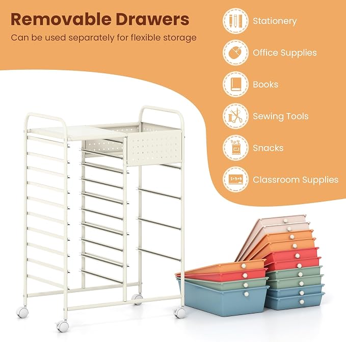 Giantex 14 Drawer Storage Cart, Rolling Craft Cart with Metal Tabletop & Pegboard, Mobile Utility Organizer Trolley with Locking Wheels, Home Office, Macaron Multicolor