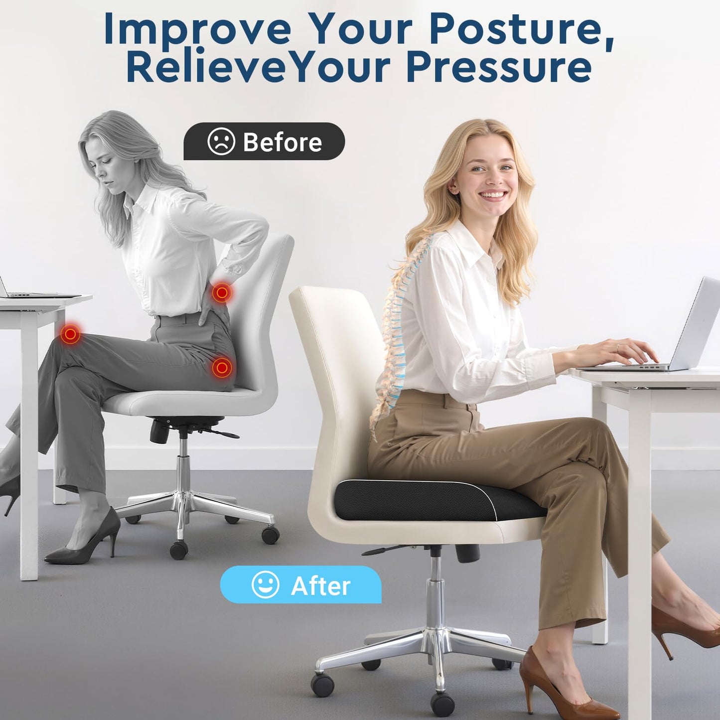 SofterCharm Seat Cushion, Memory Foam Office Chair Cushions for Long Sitting Hours, Chair Pad for Sciatica, Coccyx, Tailbone, Hip Pain & Pressure Relief, Office, Home, Car Seats, Airplane, Black/Large