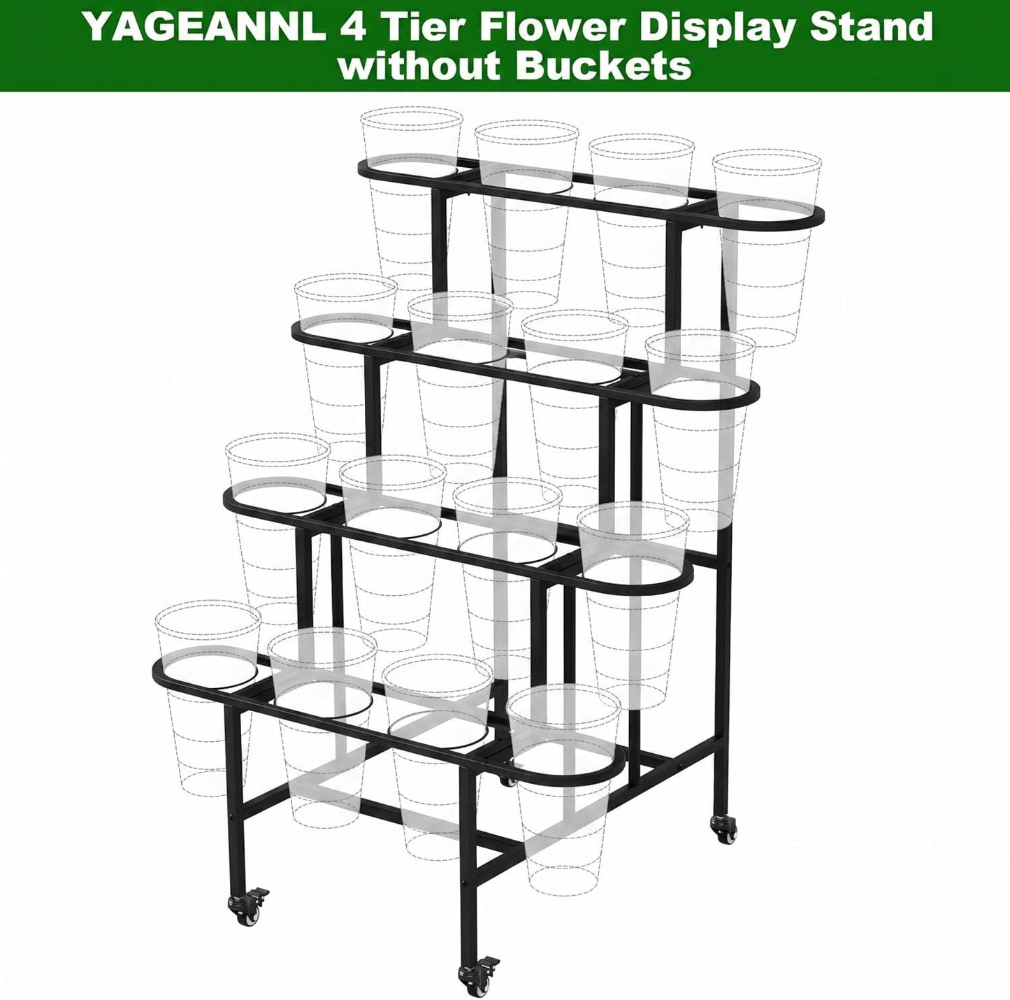 YAGEANNL 4 Tier Flower Display Stand, Metal Flower Bar Stand for Fresh Flowers Without 16pcs Buckets, Heavy Duty Garden Flower Cart Display Stand with Wheels