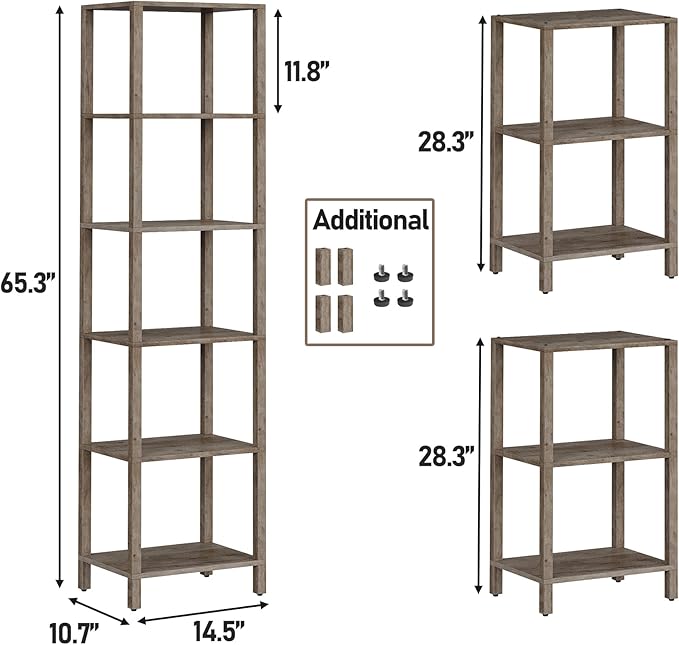 TUTOTAK Bookshelf, 6-Tier Tall Book Shelf, Narrow Bookcase for Small Space, DIY Stackable Bookshelf, for Living Room, Office, Study, Entryway, Industrial, Pure Greige BS01BG006G