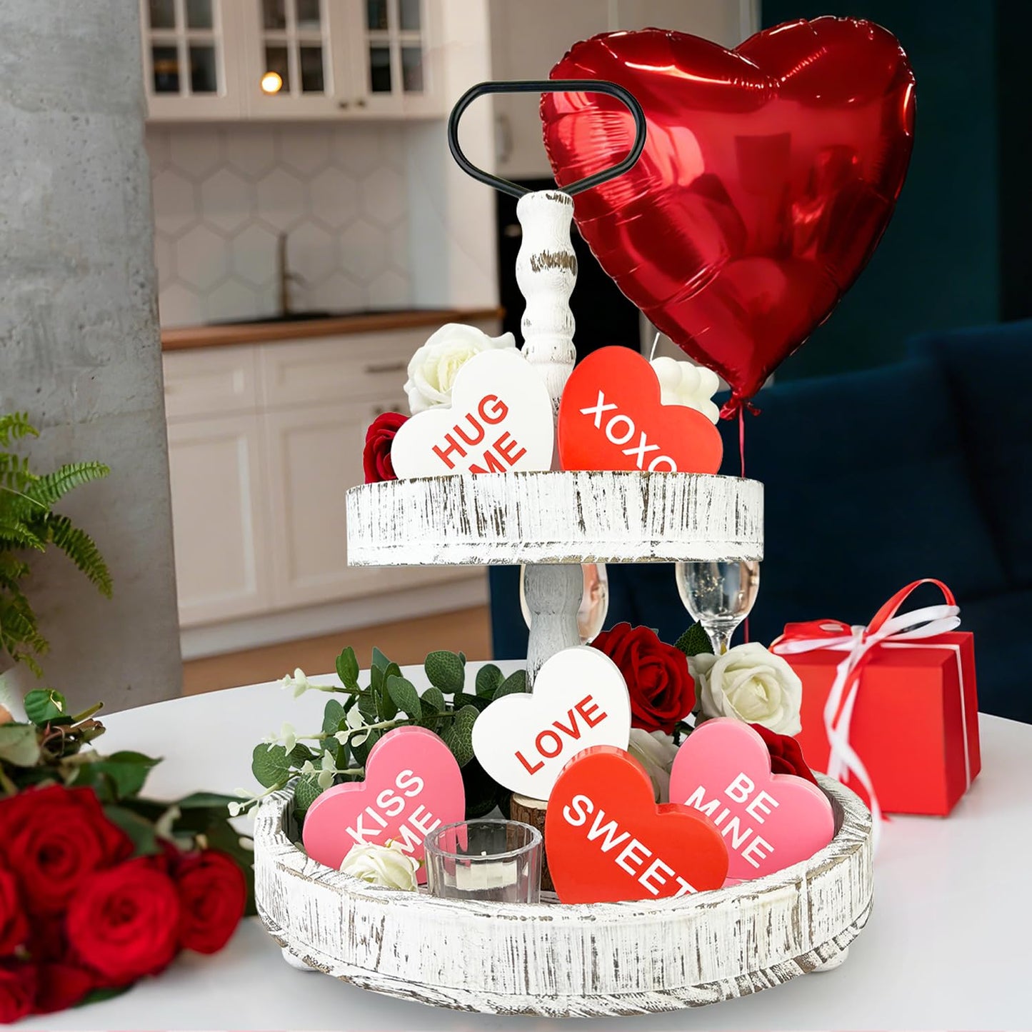 Valentines Day Decorations 6 PCS, Wooden Conversation Heart Decor for Home Table,Red White Pink Candy Heart Signs Centerpiece for Indoor Office Tiered Tray Fireplace,Valentine Gift for Couples Wedding