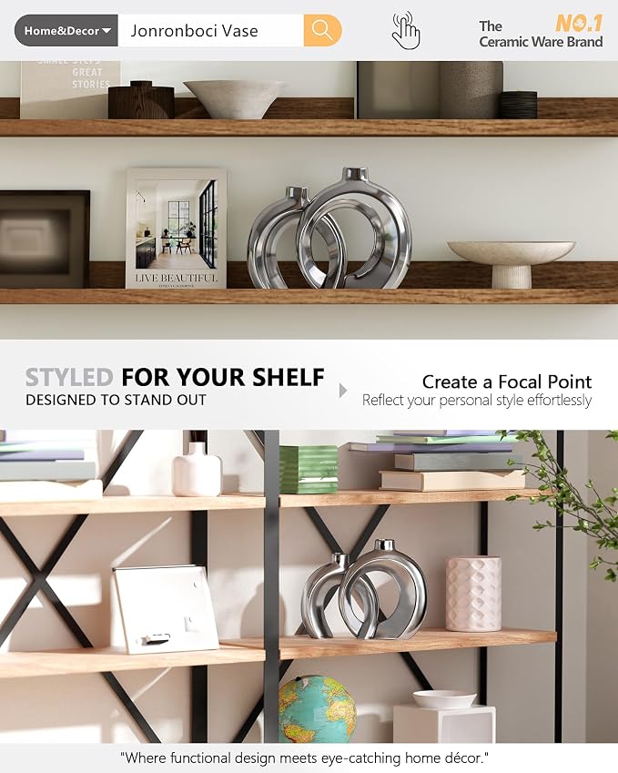 Set of 2 Silver Ceramic Vases for Home Decor Accents - Unique Hollow Donut Artistic Design Modern Contemporary Glam Style Decorative Vases for Shelf, Mantel, Entryway Table Decor (Matte Silver)