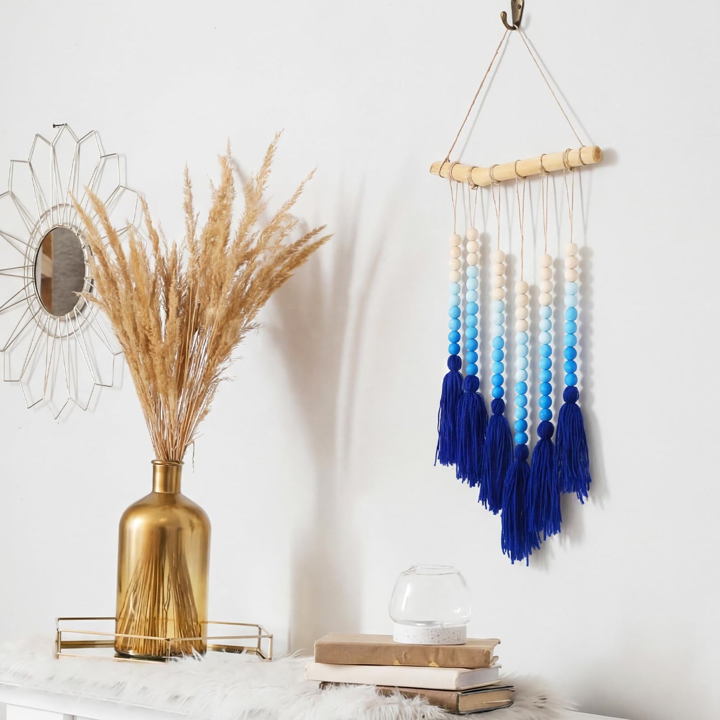 Suncalla Large Macramé Boho Chic Wooden Bead Wall Hanging Tapestry Decor Blue Bead Bedroom Art Decor with Tassels for Living Room Apartment Home Nursery Birthday Party Backdrop