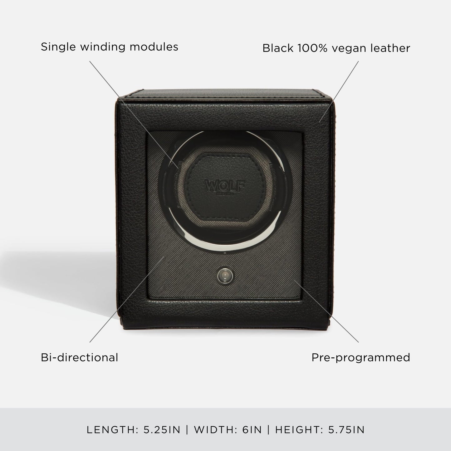 Wolf Cub Single Watch Winder with Glass Cover, Black - Secure Fit with Patented Lock-in Dynamic Cuff - Accommodates All Wrist Sizes - Vegan Leather - Includes Universal Adapter