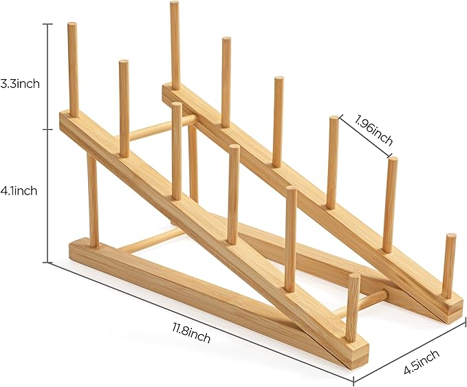 HBlife Bamboo Wooden Dish Drying Rack, 2 PCS Plate/Dish/Book/File/Bowl/Cup/Cutting Board/Pot Lid Organizer for Kitchen Counter, Office, Display Cabinet