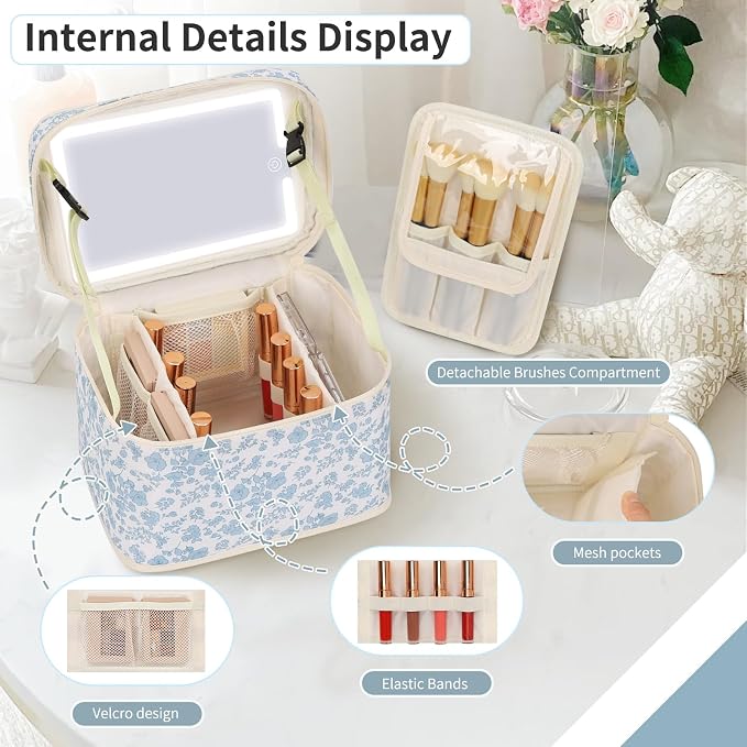 OCHEAL Large Makeup Bag With LED Mirror, Lightweight Travel Makeup Bag With 3 Color Setting Light Up Mirror Cosmetic Makeup Organizer Vanity Case for Women Beauty Tools Accessories Train Case-Floral