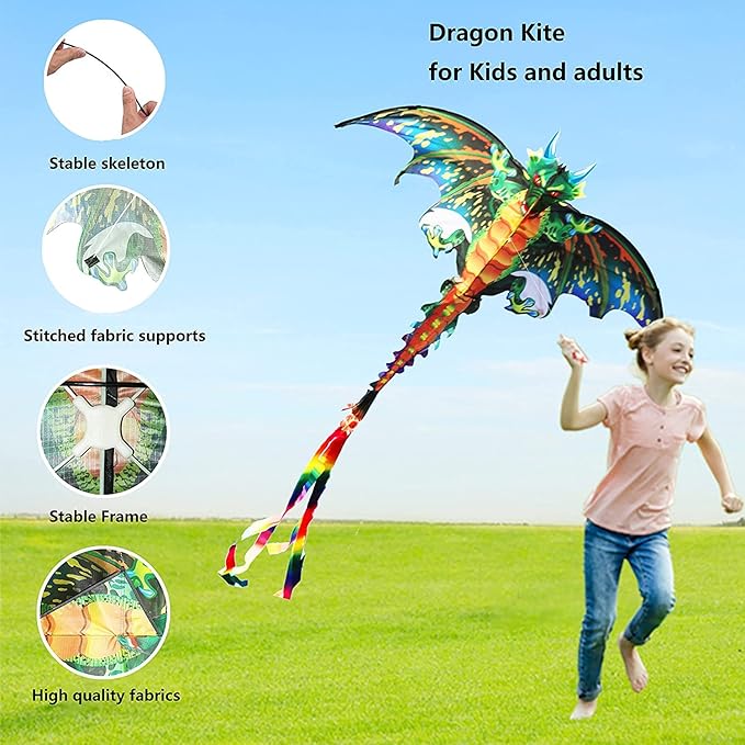 eyijklzo Green Dragon Kite Beautiful and Easy Flyer Kite for Children and Adult with Long Colorful Tail String Line Accessories Easy to Soar High Outdoor Sports Game Activities or Beach Trip