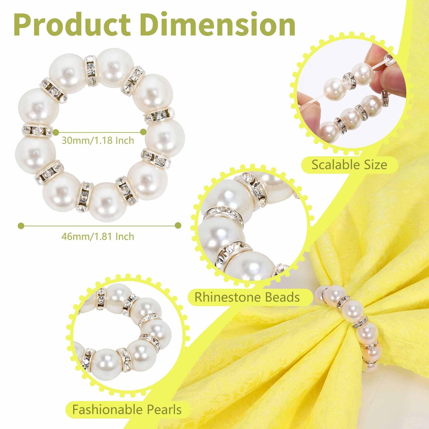 GENMOUS Set of 100 Silver Pearl Napkin Rings, Elegant Imitation Beaded Stylish Napkin Buckles for Formal Decor, White Napkin Ring Holders with Rhinestones for Weddings, Formal Dinners, Parties