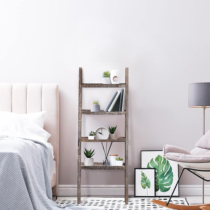 KIAYACI 4-Tier Blanket Ladder Shelves Farmhouse Decorative Ladder Wood Shelves Quilt Rack Wood Ladder Blanket Ladder for The Living Room Boho Shelf Decor(Vintage Walnut, 48" x 22")