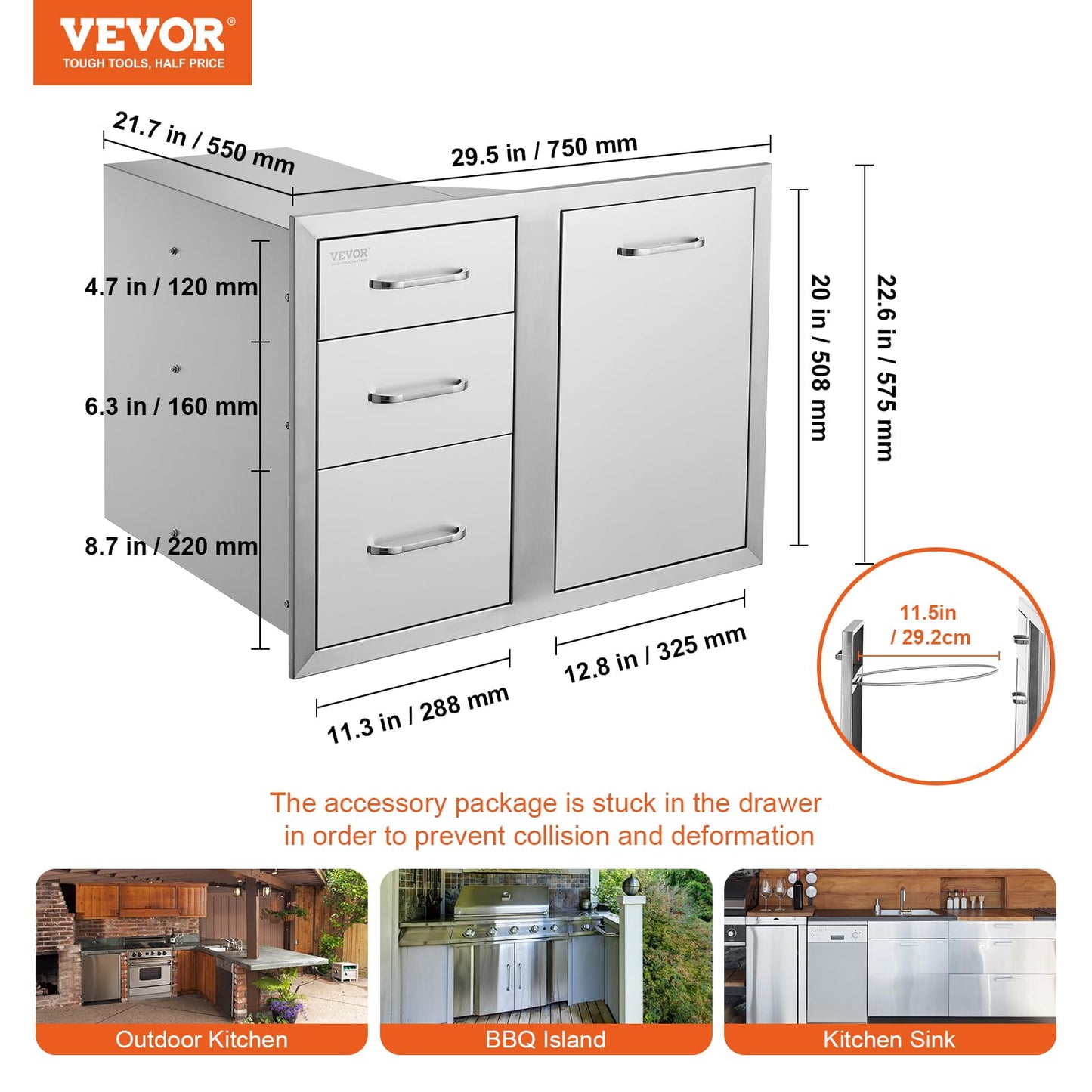 VEVOR Stainless Steel Cabinet, Outdoor Kitchen Door Drawer Combo 29.5" W x 22.6" H x 21.7" D, Access Door/Triple Drawers, Propane Drawer, Adjustable Garbage Ring, BBQ Island Patio Grill Station