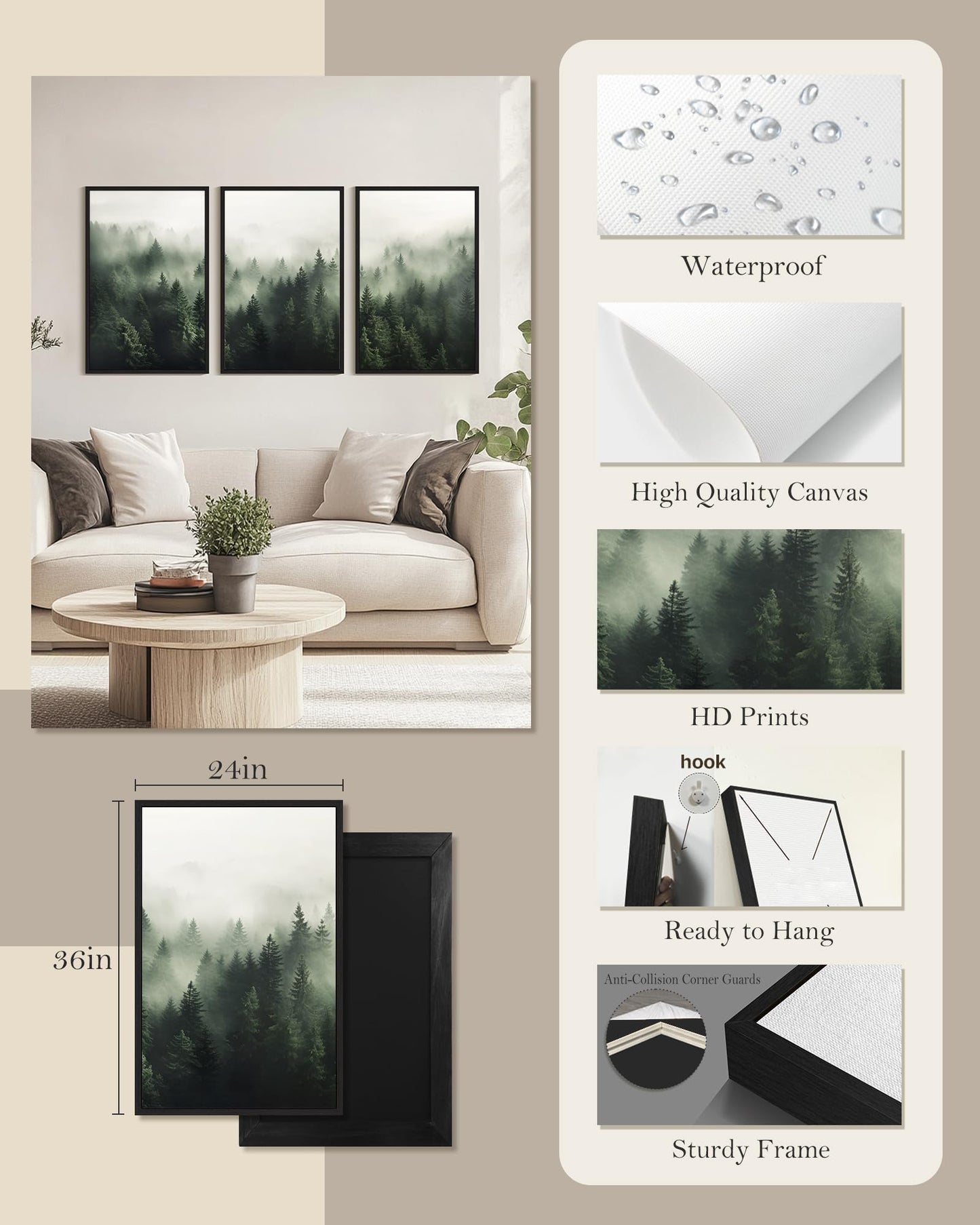 SHENIFY Green Fog Pine Tree Forest Canvas Wall Art Large 24x36in Framed Modern Artwork Prints Decor - Black Framed