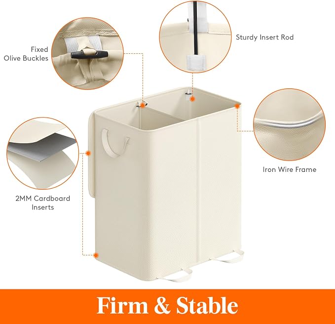 Lifewit Double Laundry Hamper with Lid and Removable Laundry Bags, Large Collapsible 2 Dividers Dirty Clothes Basket with Handles for Bedroom Laundry Room Closet Bathroom College, 155L Ivory White