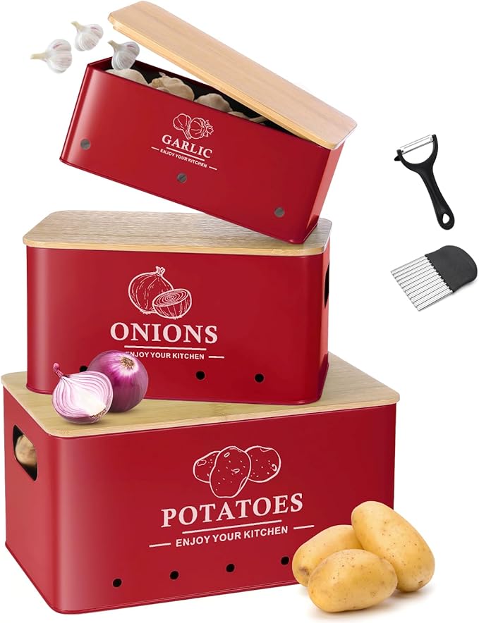 Kitchen Vegetable Storage Set of 3, Metal Onion Garlic Potato Storage Set, Kitchen Canisters Vegetable Keeper Containers with Aerating Holes and Bamboo Lid，Red